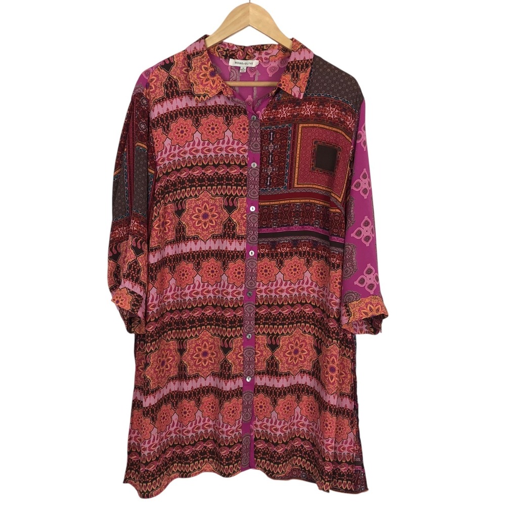 Rose + Olive Tunic Top Size 1X Button Up Floral Paisley Print Shirt Boho‎ Artsy